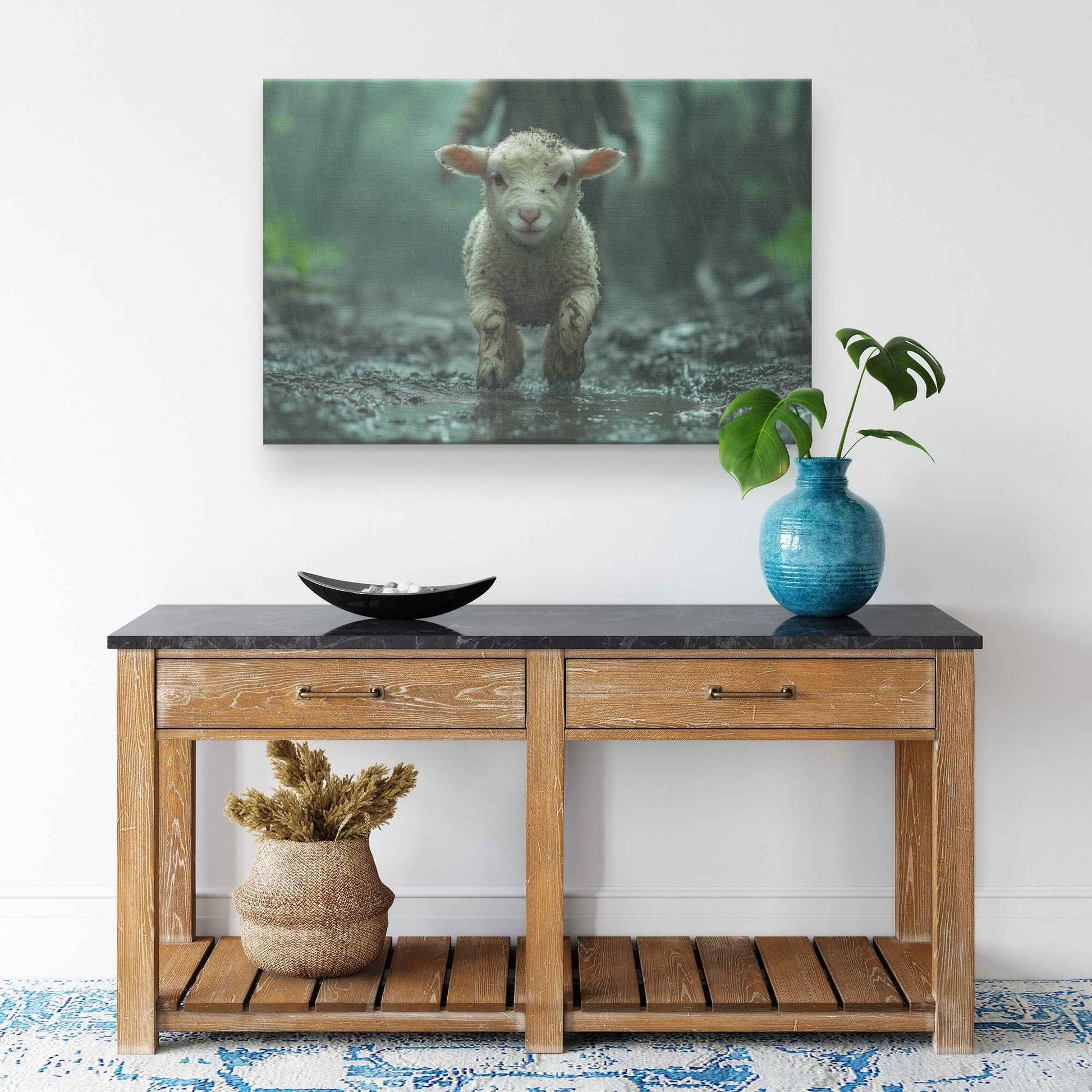 Hope in the Storm Lamb Seeking Shelter Under Christs Embrace Christian Canvas Wall Art Decor