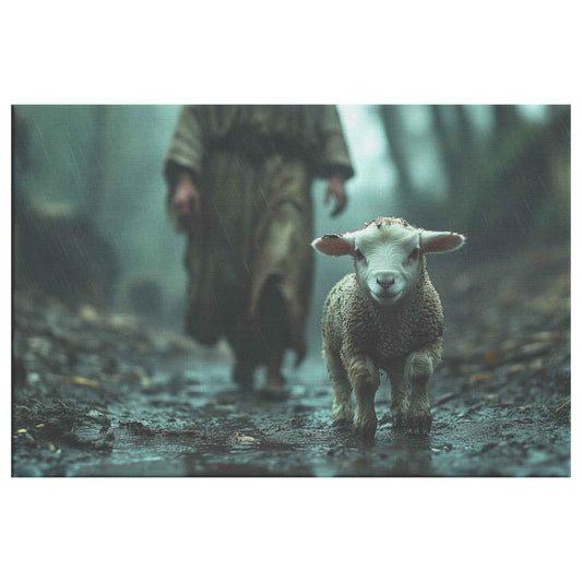 Hope in the Storm Lost Lamb Guided Jesus on a Rainy Path   Christian Canvas Wall Art Decor