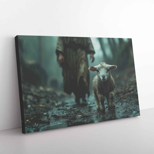 Hope in the Storm Lost Lamb Guided Jesus on a Rainy Path   Christian Canvas Wall Art Decor