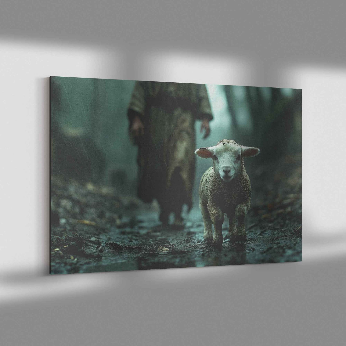 Hope in the Storm Lost Lamb Guided Jesus on a Rainy Path   Christian Canvas Wall Art Decor