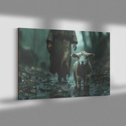 Hope in the Storm Lost Lamb Guided Jesus on a Rainy Path   Christian Canvas Wall Art Decor