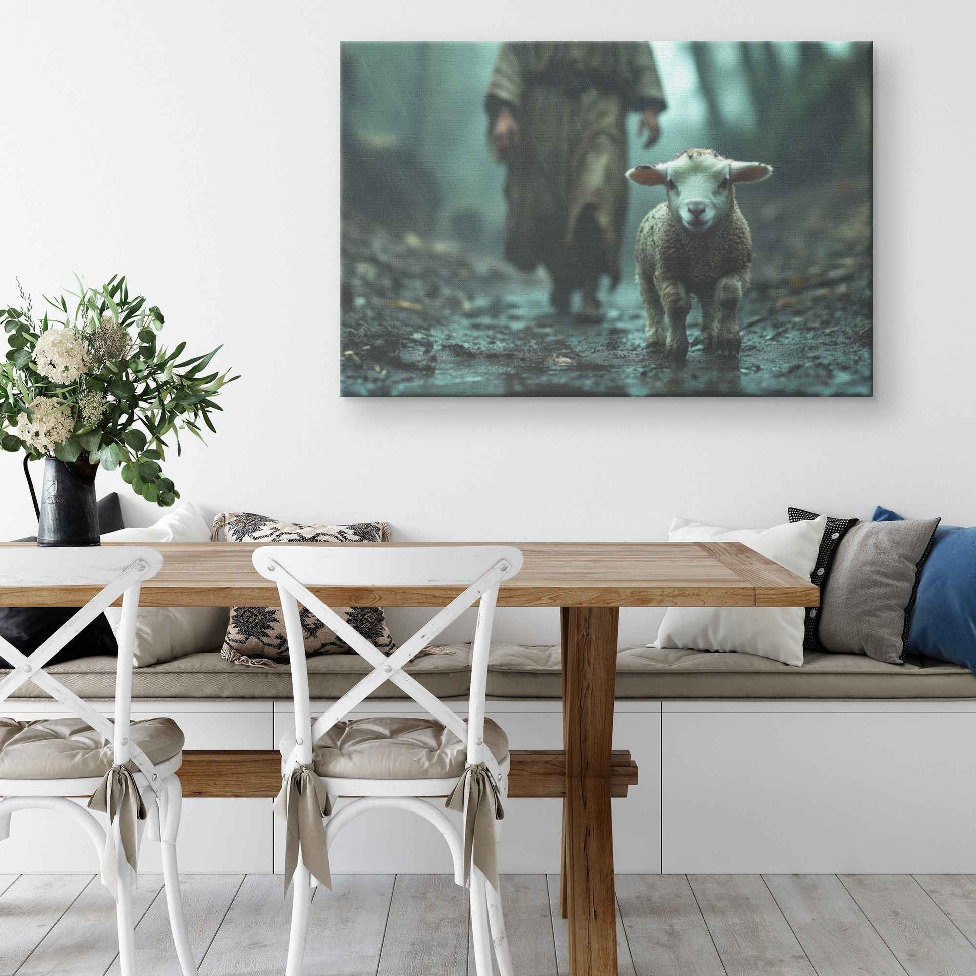 Hope in the Storm Lost Lamb Guided Jesus on a Rainy Path   Christian Canvas Wall Art Decor