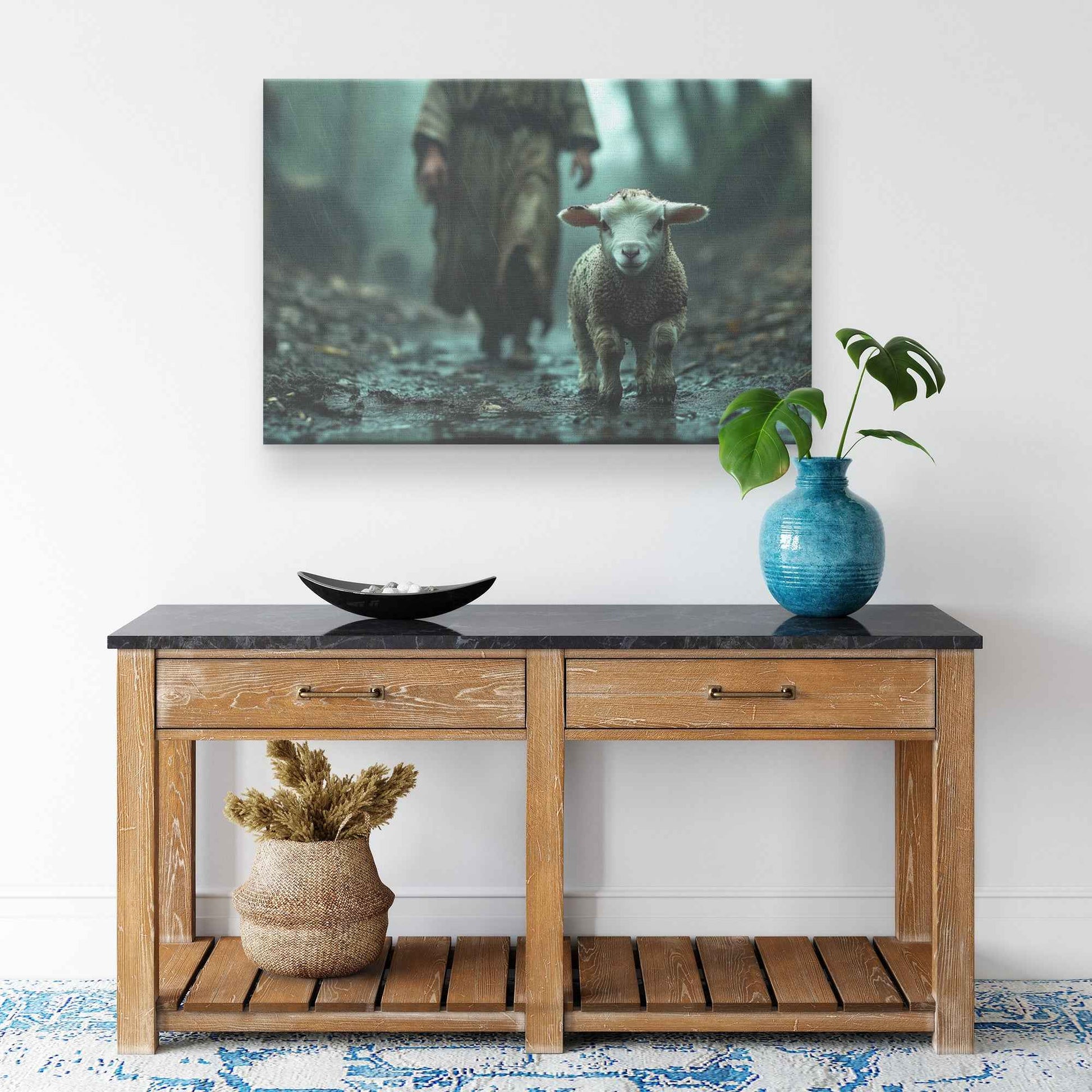 Hope in the Storm Lost Lamb Guided Jesus on a Rainy Path   Christian Canvas Wall Art Decor