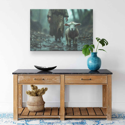 Hope in the Storm Lost Lamb Guided Jesus on a Rainy Path   Christian Canvas Wall Art Decor
