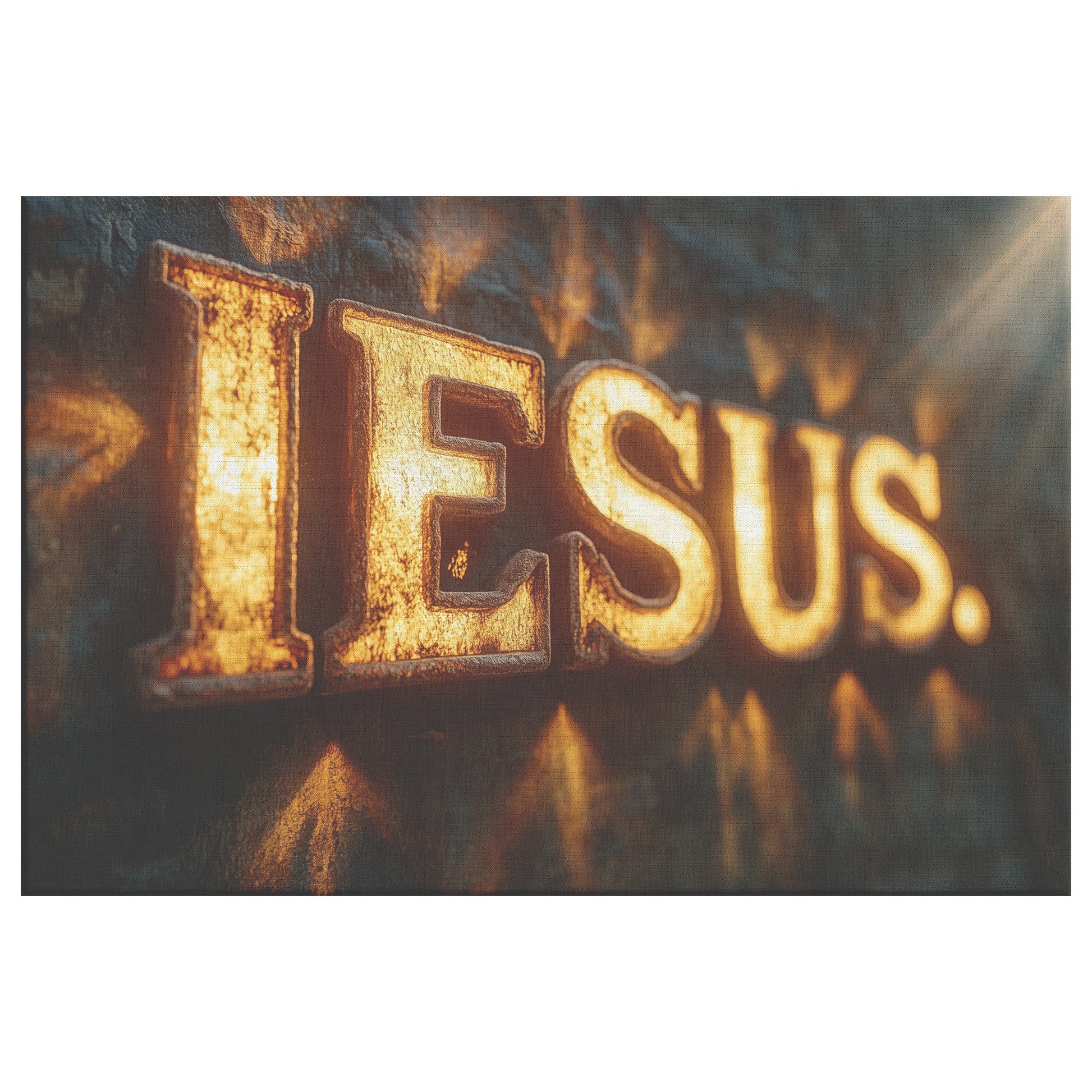 Iesus in Radiant Gold Letters on Stone Wall  Inspiring Christian Wall Art Decor - Awakening Righteousness