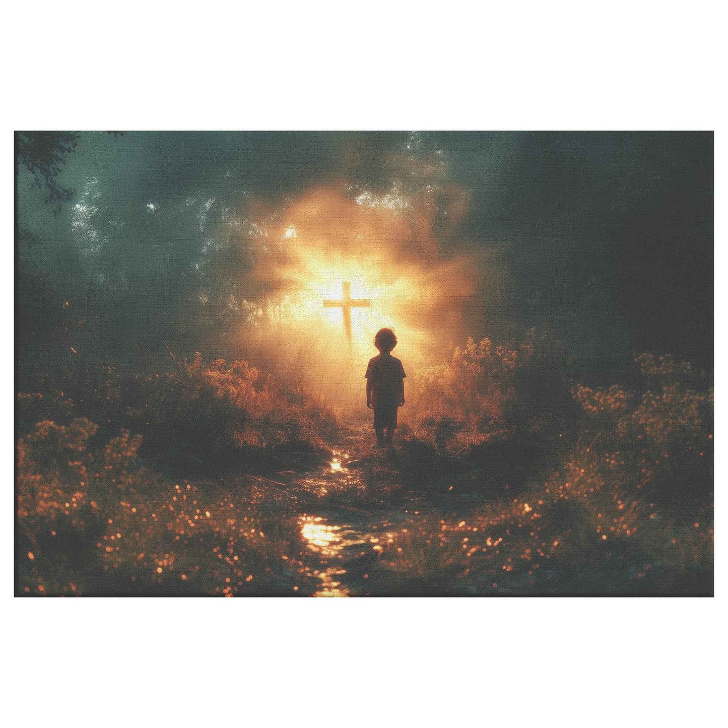 Illuminated Path A Young Boy's Faithful Journey to the Glowing Cross   Christian Canvas Wall Art Decor