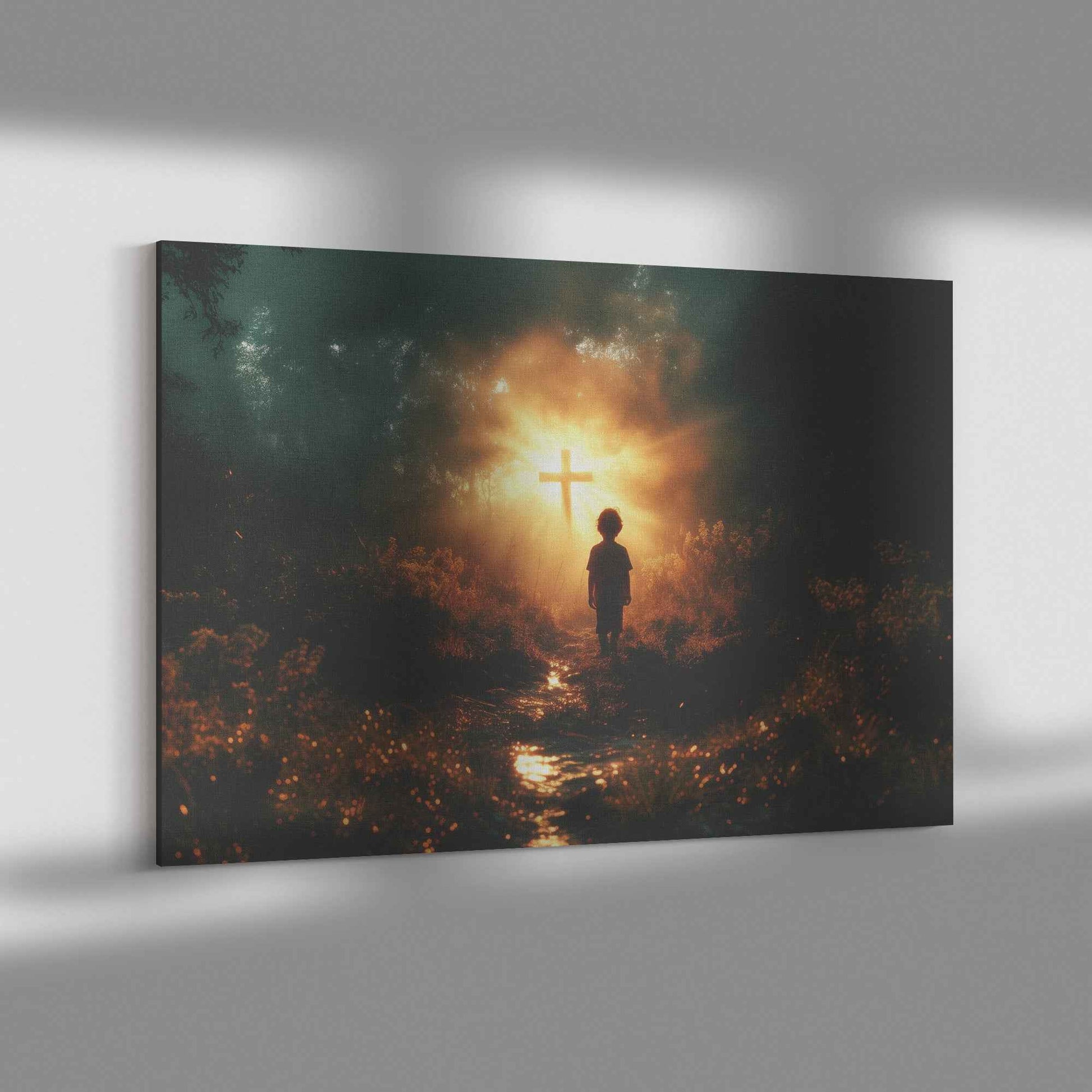 Illuminated Path A Young Boy's Faithful Journey to the Glowing Cross   Christian Canvas Wall Art Decor