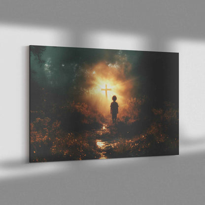 Illuminated Path A Young Boy's Faithful Journey to the Glowing Cross   Christian Canvas Wall Art Decor