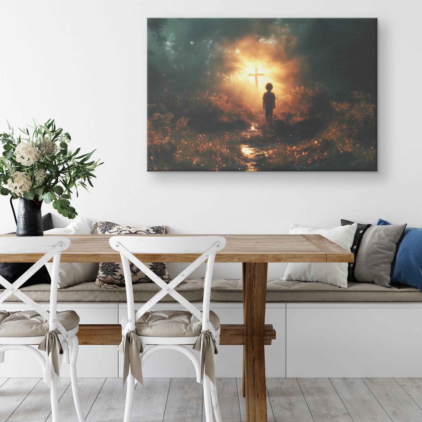 Illuminated Path A Young Boy's Faithful Journey to the Glowing Cross   Christian Canvas Wall Art Decor