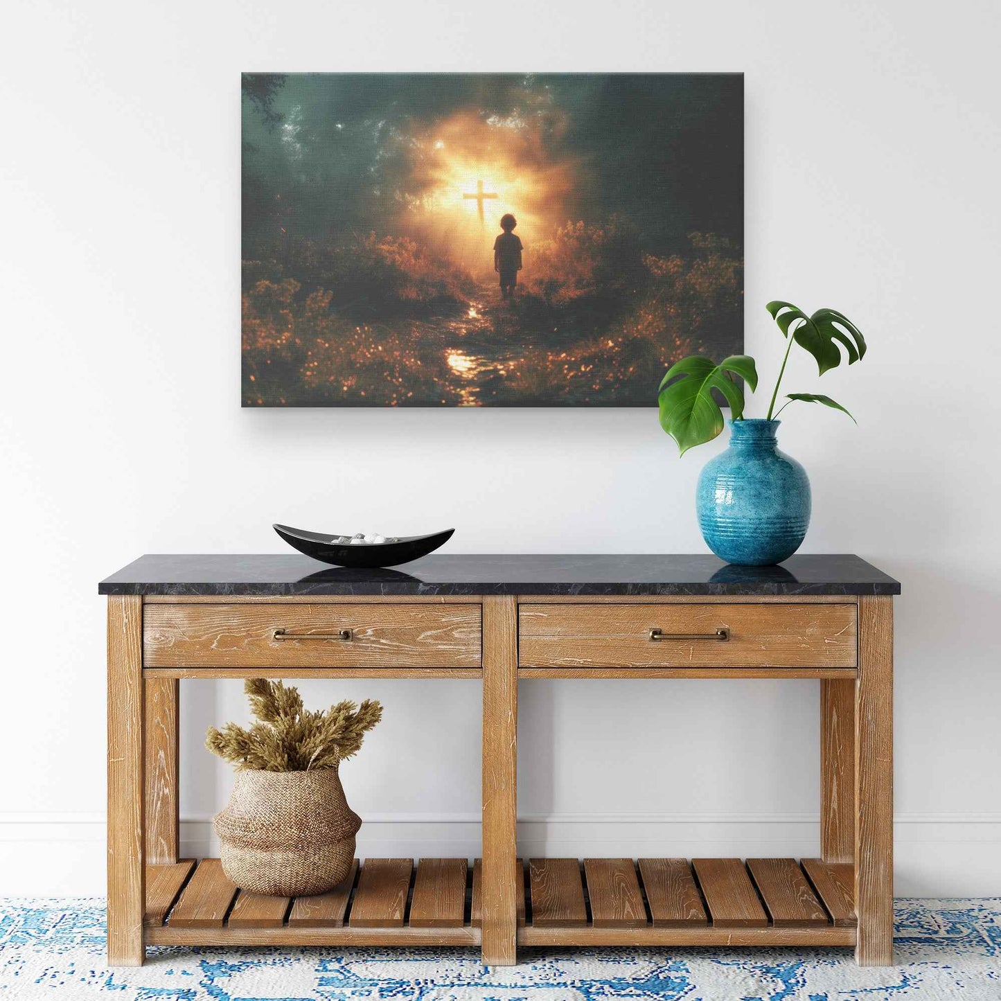 Illuminated Path A Young Boy's Faithful Journey to the Glowing Cross   Christian Canvas Wall Art Decor