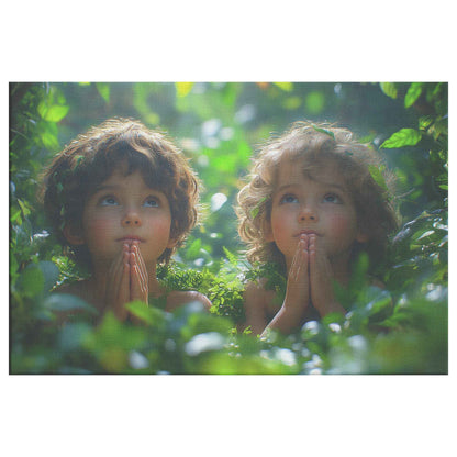 Innocent Faith Two Children Praying in Sunlit Forest   Heartwarming Christian Canvas Wall Art Decor