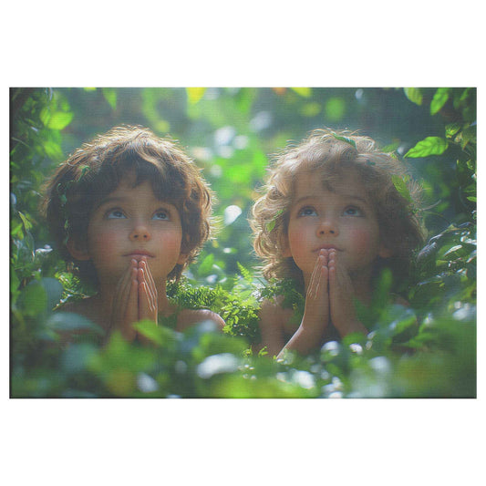 Innocent Faith Two Children Praying in Sunlit Forest   Heartwarming Christian Canvas Wall Art Decor