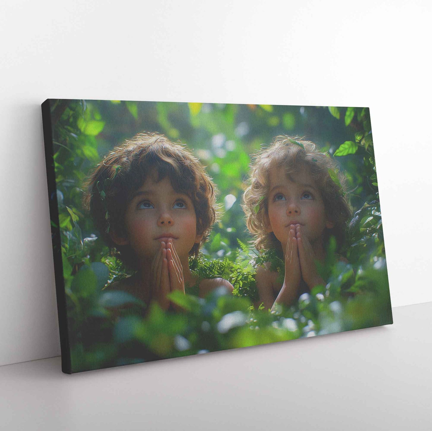 Innocent Faith Two Children Praying in Sunlit Forest   Heartwarming Christian Canvas Wall Art Decor