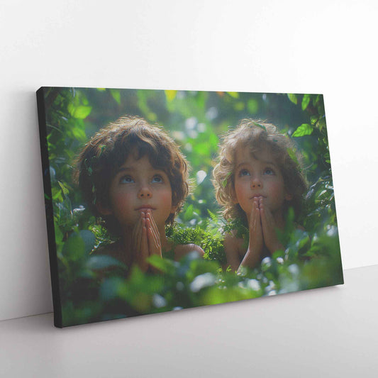 Innocent Faith Two Children Praying in Sunlit Forest   Heartwarming Christian Canvas Wall Art Decor