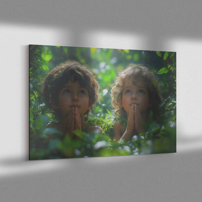 Innocent Faith Two Children Praying in Sunlit Forest   Heartwarming Christian Canvas Wall Art Decor