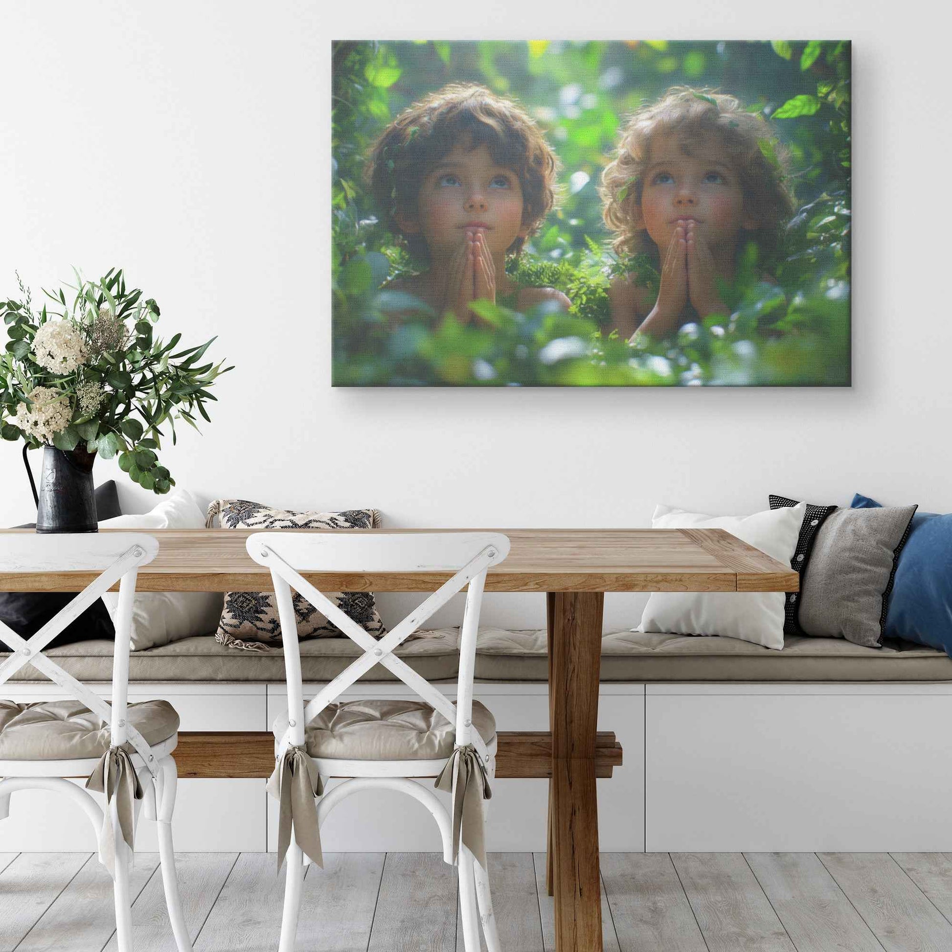 Innocent Faith Two Children Praying in Sunlit Forest   Heartwarming Christian Canvas Wall Art Decor