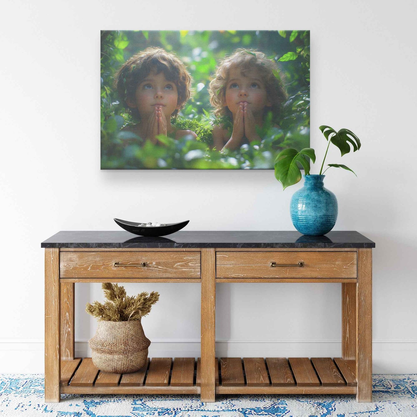 Innocent Faith Two Children Praying in Sunlit Forest   Heartwarming Christian Canvas Wall Art Decor