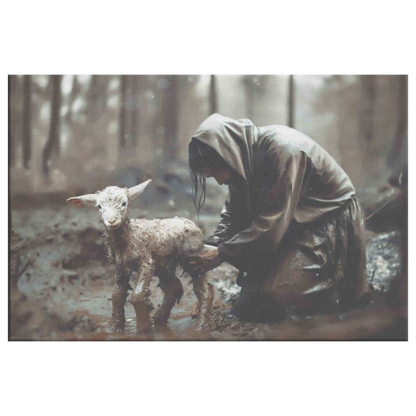 Jesus Christ Kneeling and Saving A Lamb In Mud Canvas Art