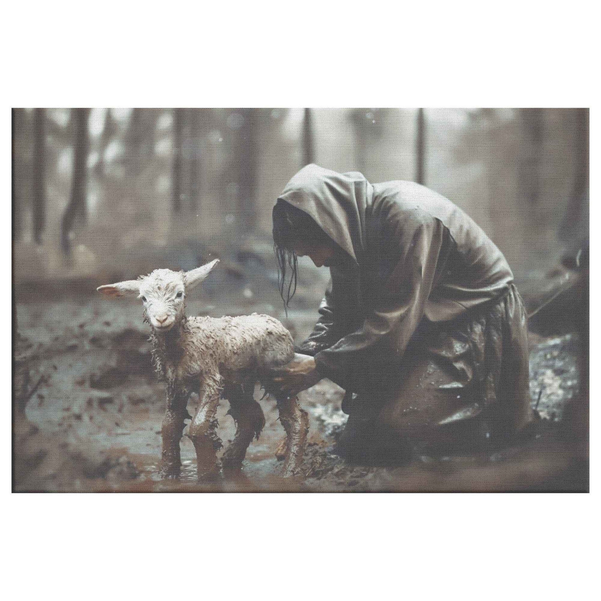 Jesus Christ Kneeling and Saving A Lamb In Mud Canvas Art