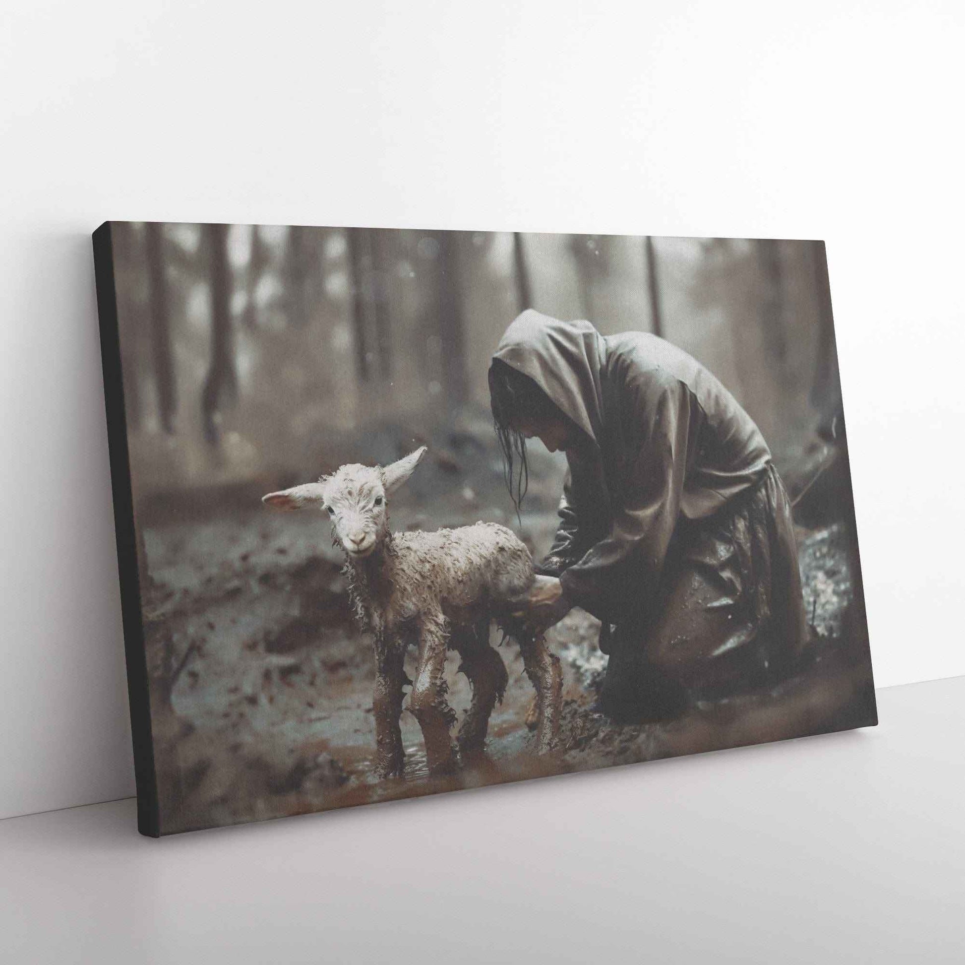 Jesus Christ Kneeling and Saving A Lamb In Mud Canvas Art