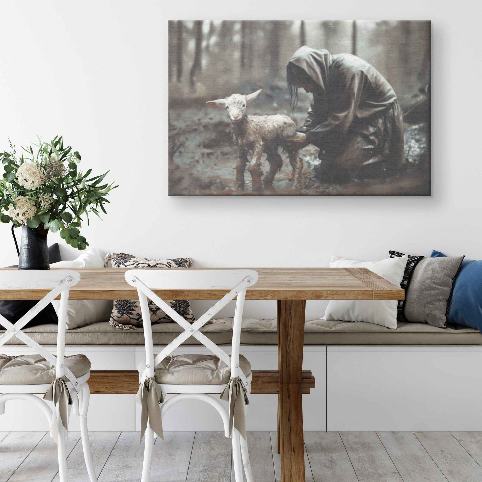 Jesus Christ Kneeling and Saving A Lamb In Mud Canvas Art