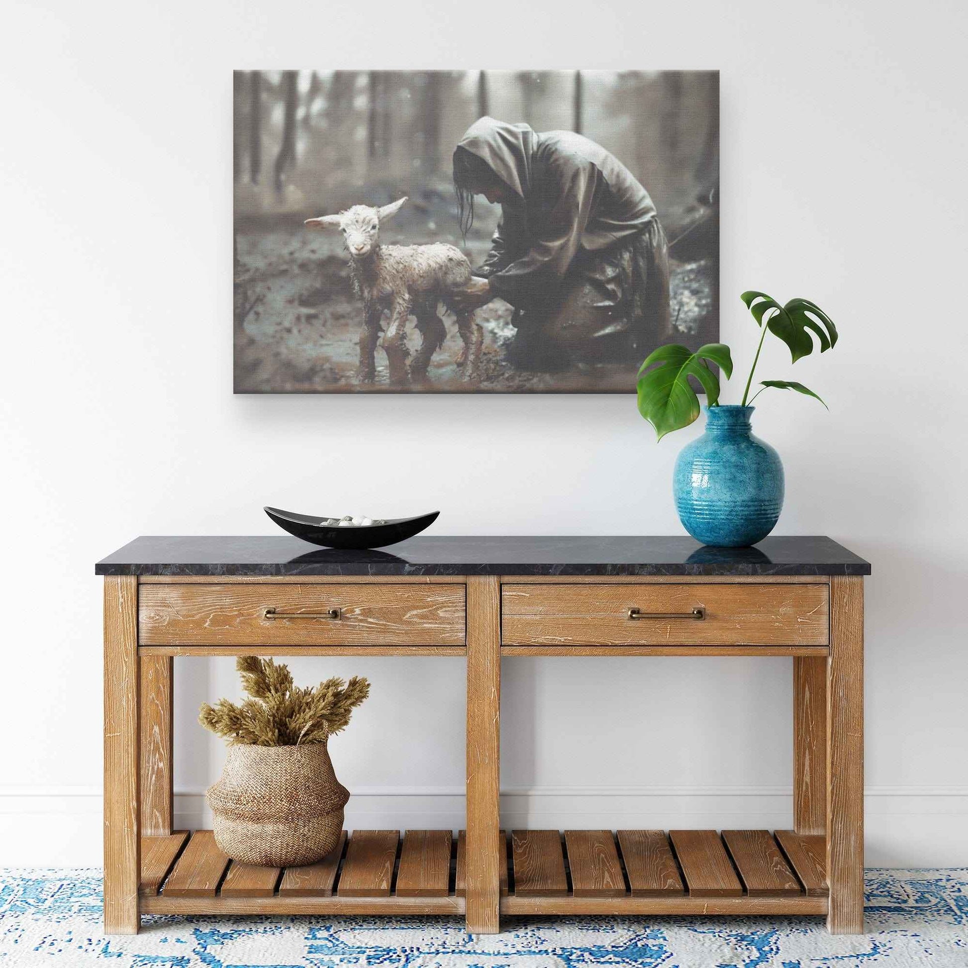Jesus Christ Kneeling and Saving A Lamb In Mud Canvas Art