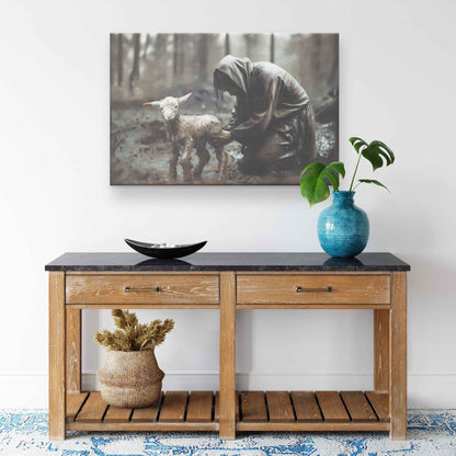 Jesus Christ Kneeling and Saving A Lamb In Mud Canvas Art