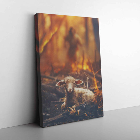 Jesus Christ Running To Save Helpless Lamb In Forest Fire Canvas Art Decor