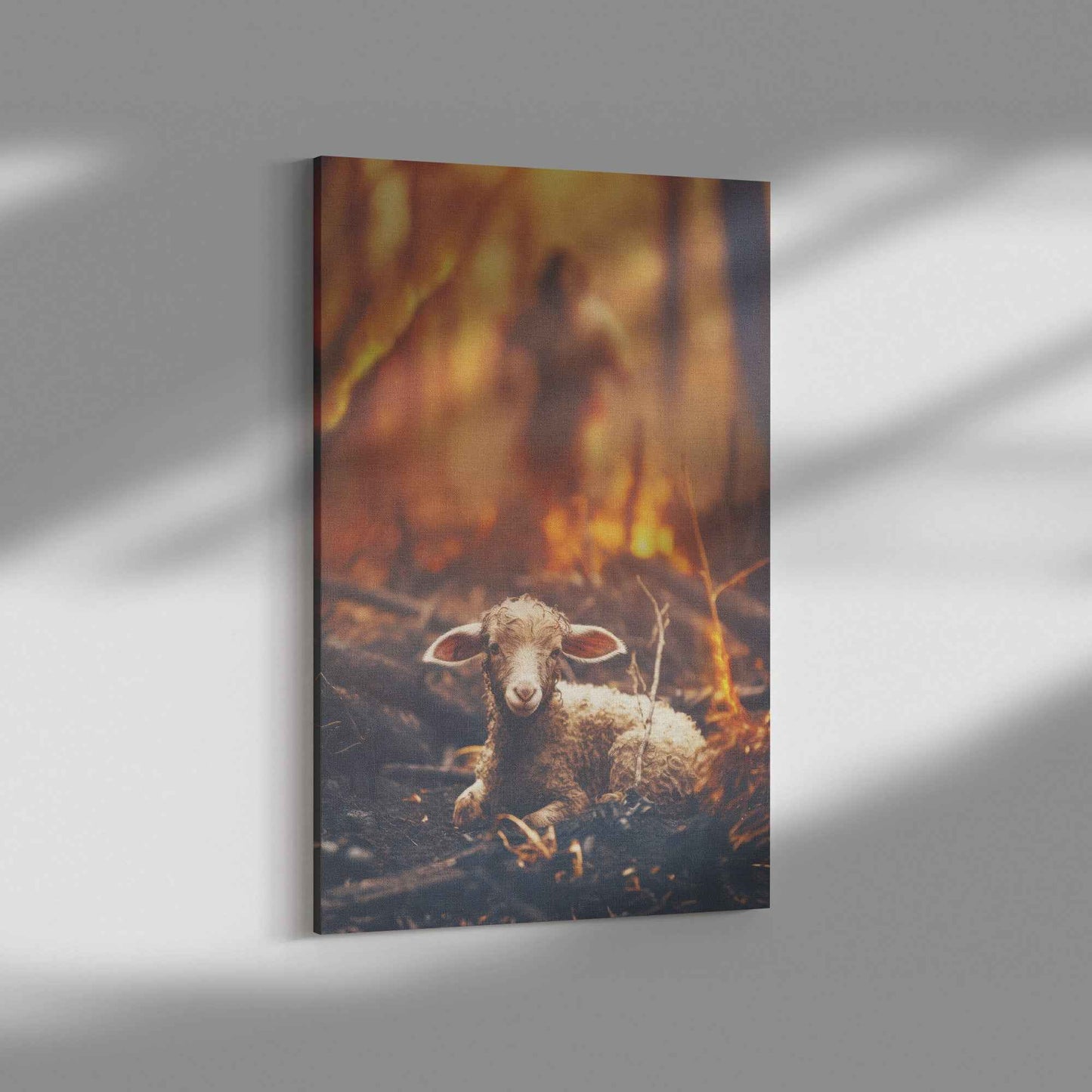 Jesus Christ Running To Save Helpless Lamb In Forest Fire Canvas Art Decor