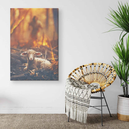 Jesus Christ Running To Save Helpless Lamb In Forest Fire Canvas Art Decor