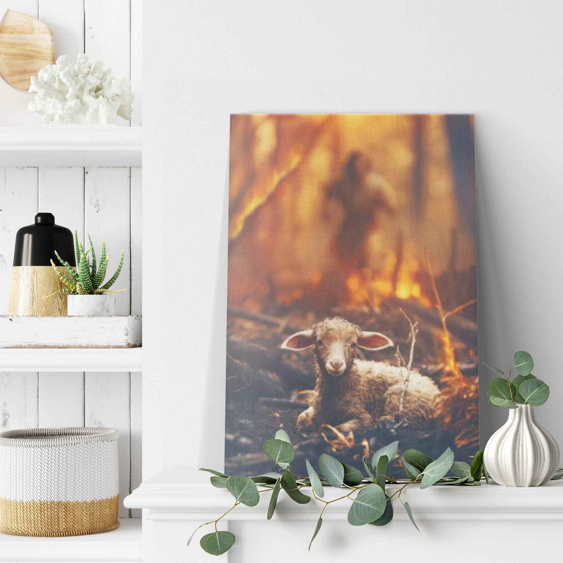 Jesus Christ Running To Save Helpless Lamb In Forest Fire Canvas Art Decor