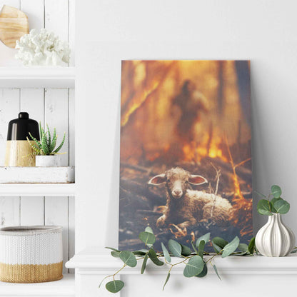 Jesus Christ Running To Save Helpless Lamb In Forest Fire Canvas Art Decor