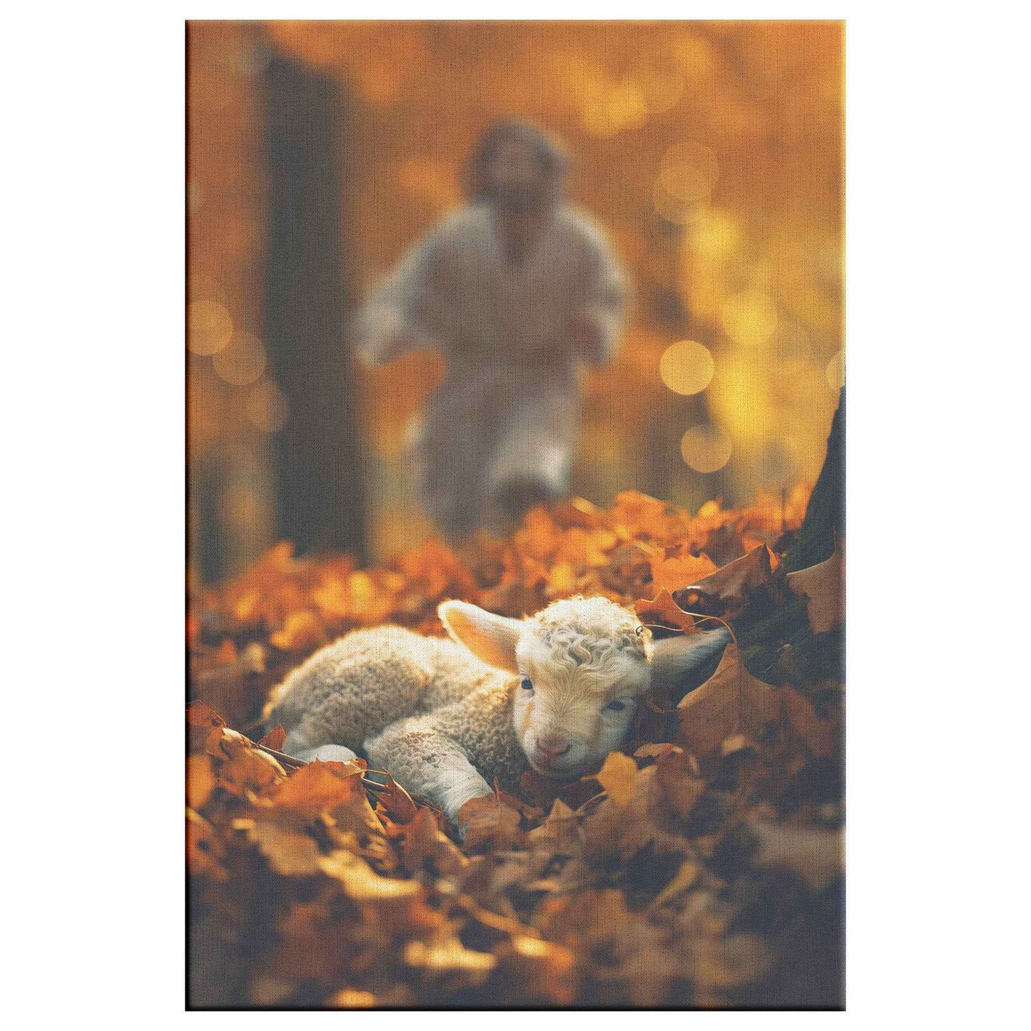 Jesus Christ Running Towards Lost Cute Lamb Laying In Leaves In The Forest To Be Saved Canvas Art Decor