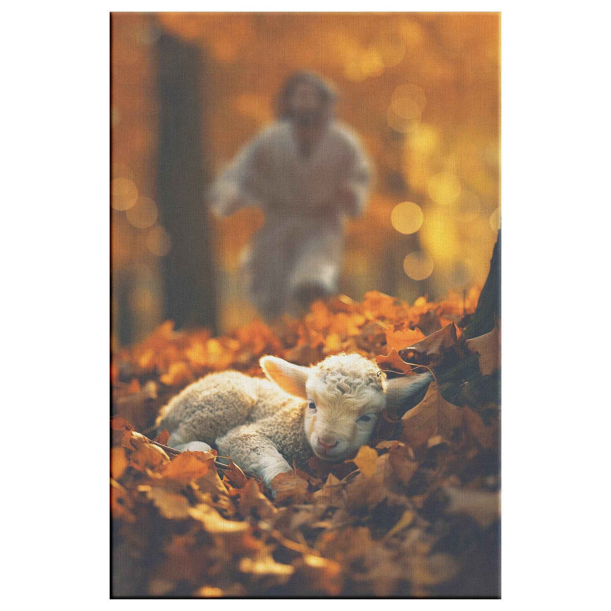 Jesus Christ Running Towards Lost Cute Lamb Laying In Leaves In The Forest To Be Saved Canvas Art Decor