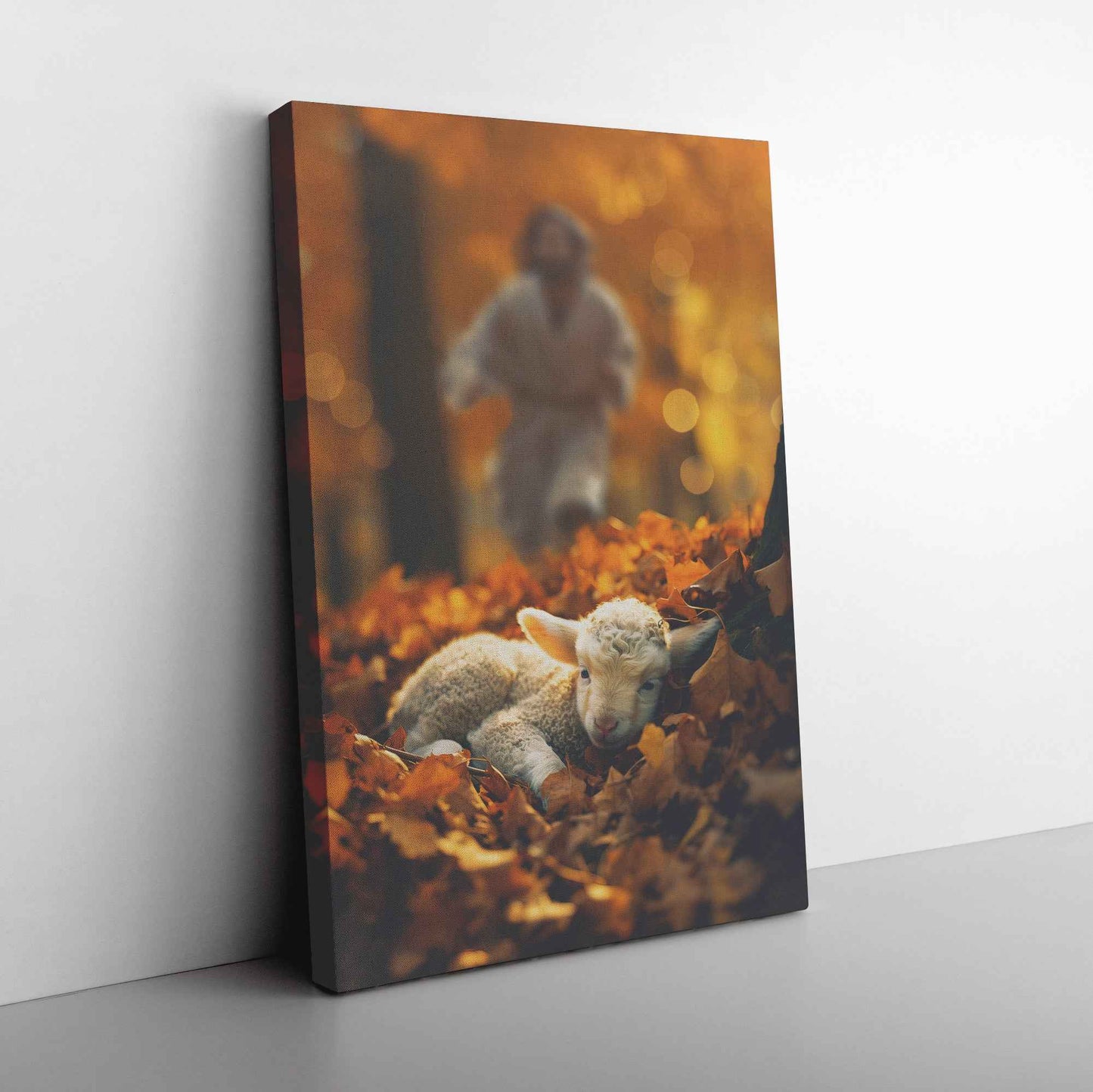 Jesus Christ Running Towards Lost Cute Lamb Laying In Leaves In The Forest To Be Saved Canvas Art Decor
