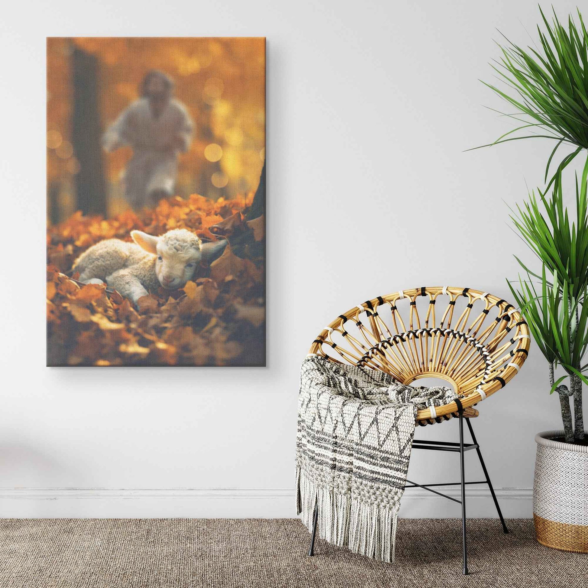 Jesus Christ Running Towards Lost Cute Lamb Laying In Leaves In The Forest To Be Saved Canvas Art Decor