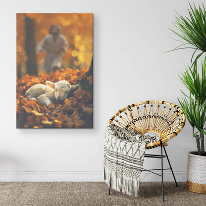 Jesus Christ Running Towards Lost Cute Lamb Laying In Leaves In The Forest To Be Saved Canvas Art Decor