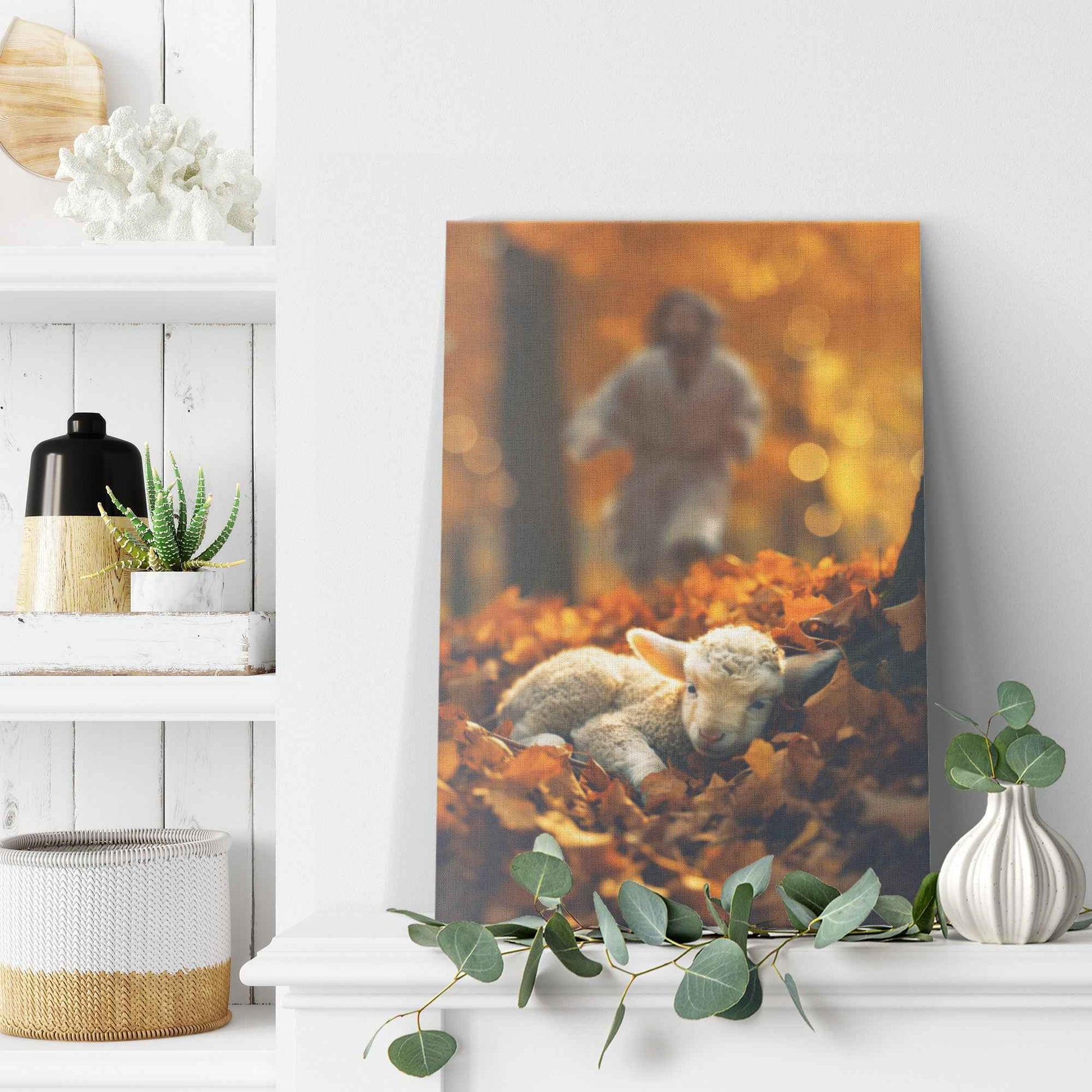 Jesus Christ Running Towards Lost Cute Lamb Laying In Leaves In The Forest To Be Saved Canvas Art Decor