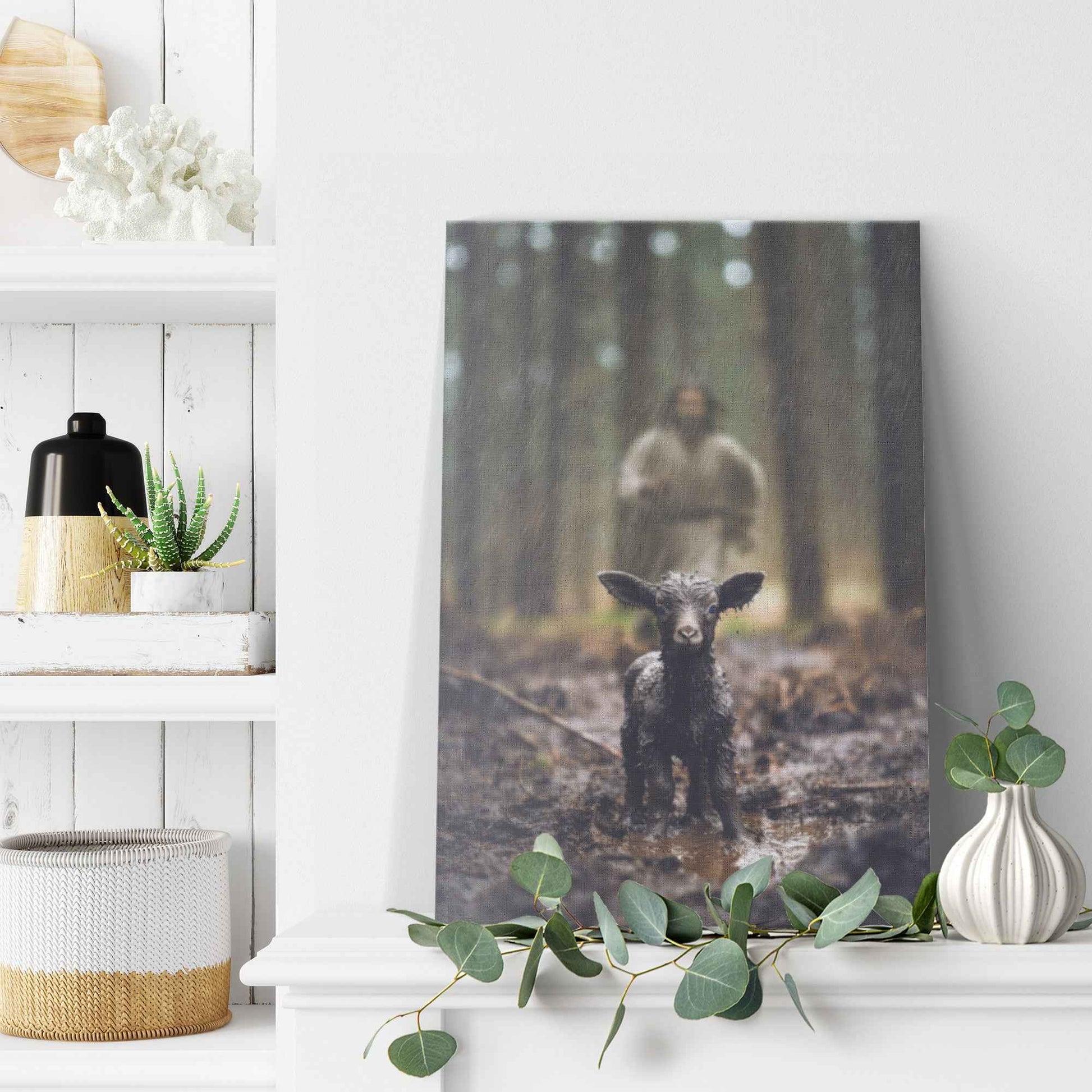 Jesus Christ Running Towards Lost Lamb In The Rain Forest Christian Canvas Art Decor