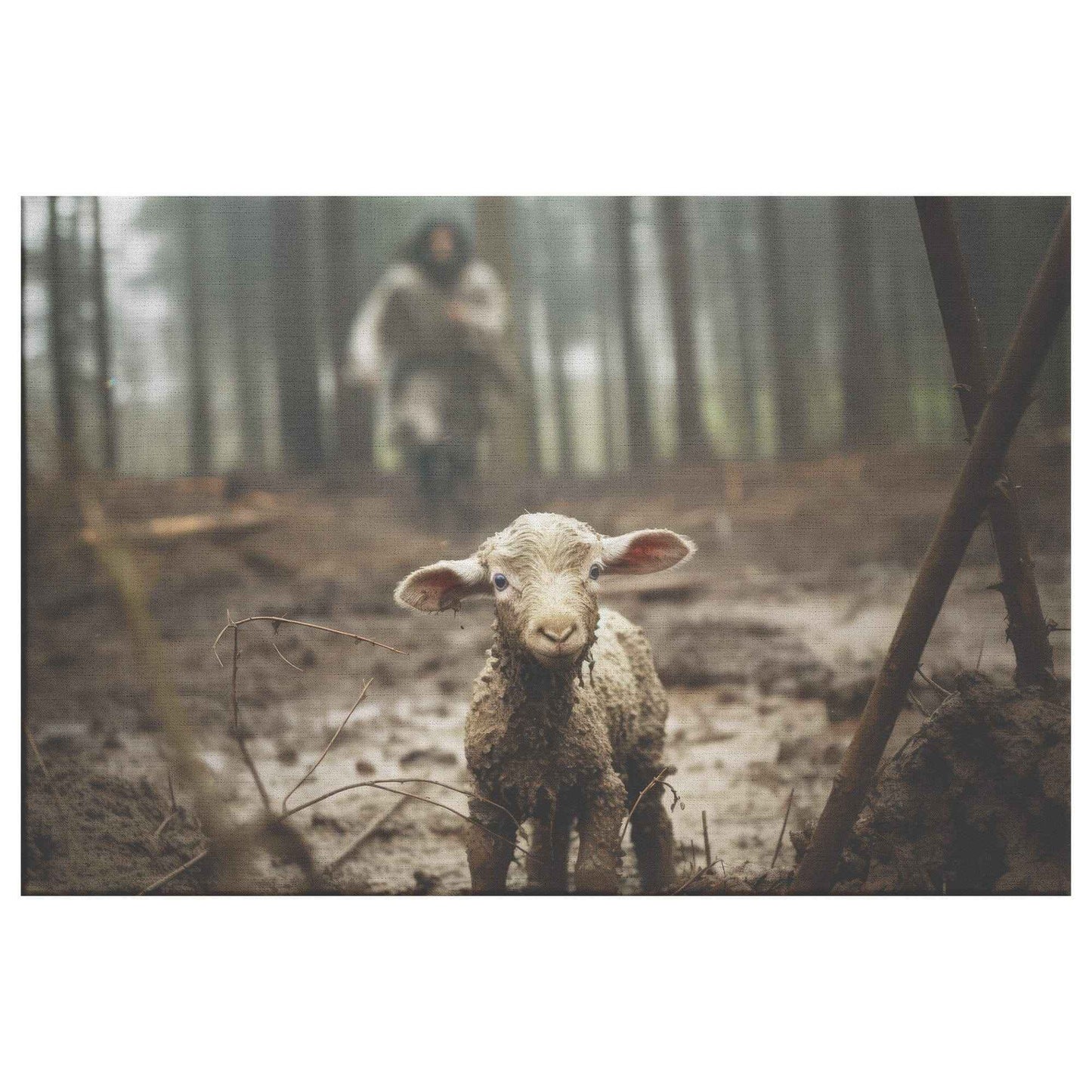 Jesus Running Towards A Lamb To Save Him In A Forest Canvas Art