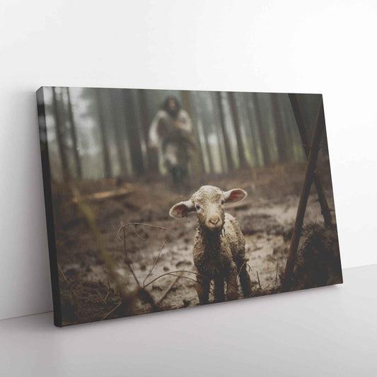 Jesus Running Towards A Lamb To Save Him In A Forest Canvas Art