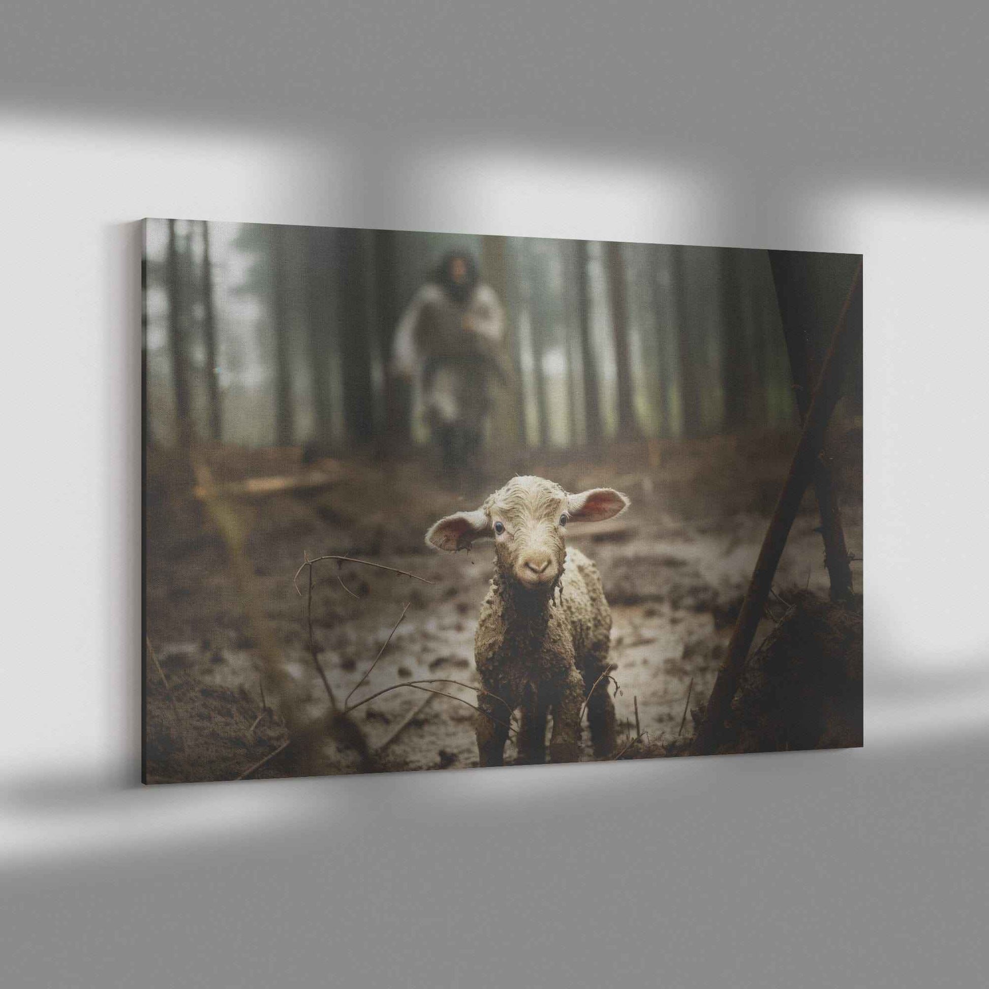 Jesus Running Towards A Lamb To Save Him In A Forest Canvas Art