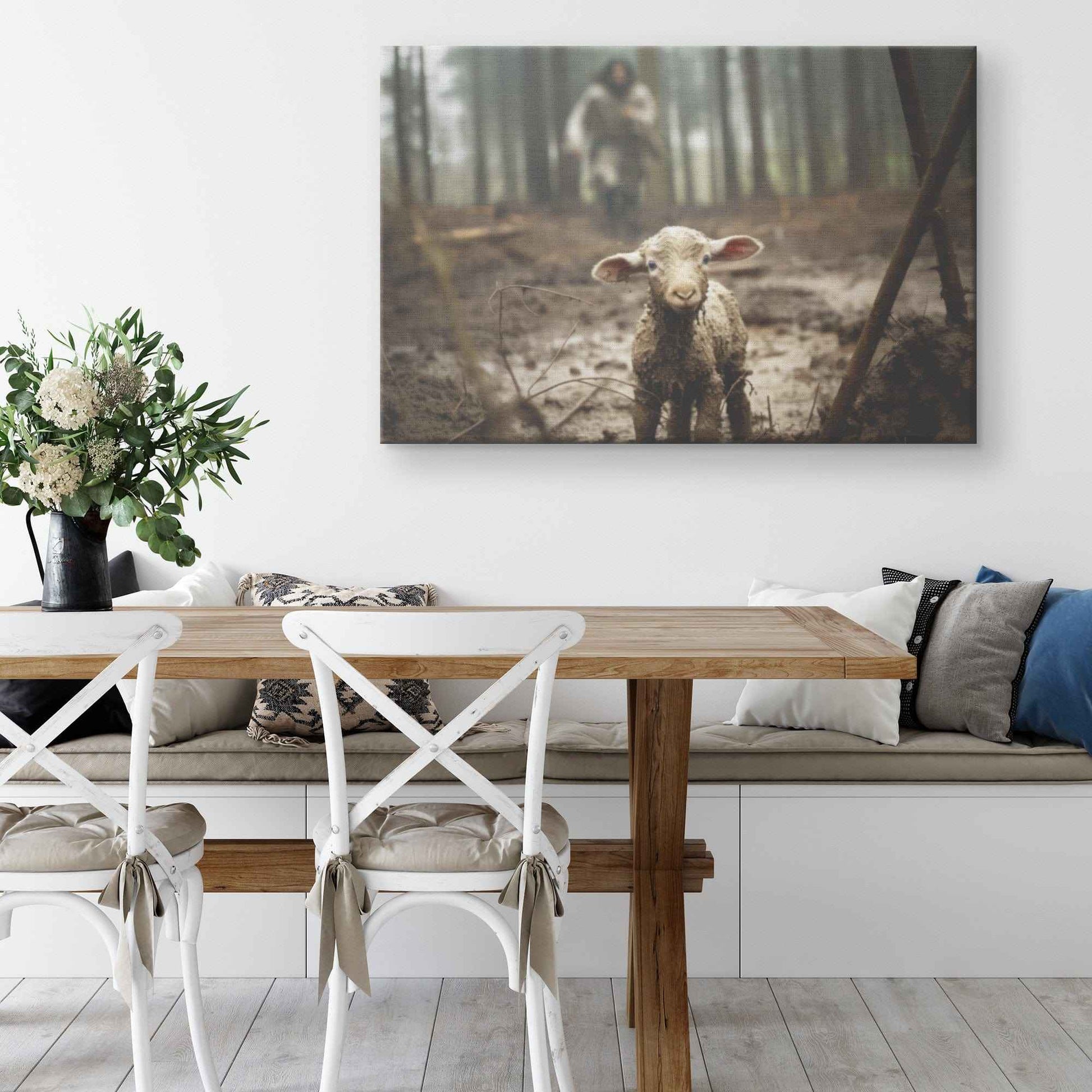 Jesus Running Towards A Lamb To Save Him In A Forest Canvas Art