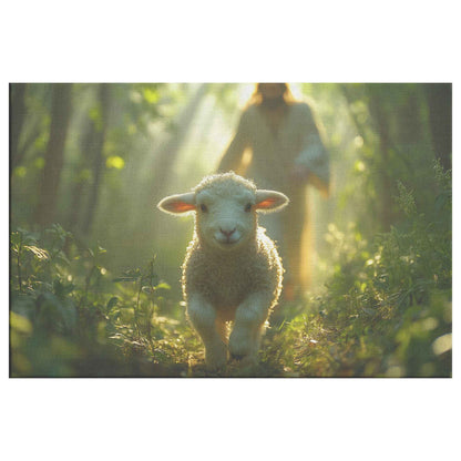 Jesus Running Towards a Lost Lamb In A Beautiful Green Lush Forest   Christian Canvas Art Decor