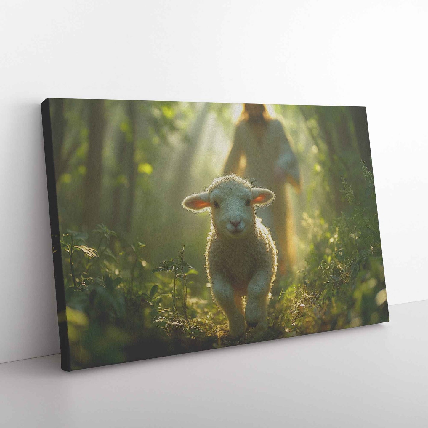 Jesus Running Towards a Lost Lamb In A Beautiful Green Lush Forest   Christian Canvas Art Decor