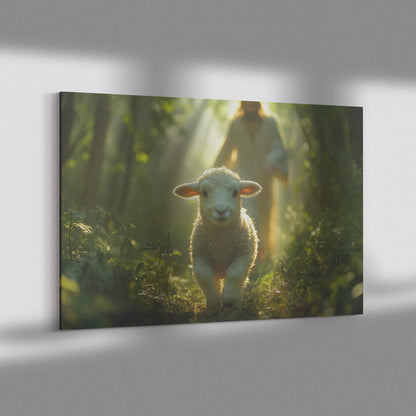 Jesus Running Towards a Lost Lamb In A Beautiful Green Lush Forest   Christian Canvas Art Decor