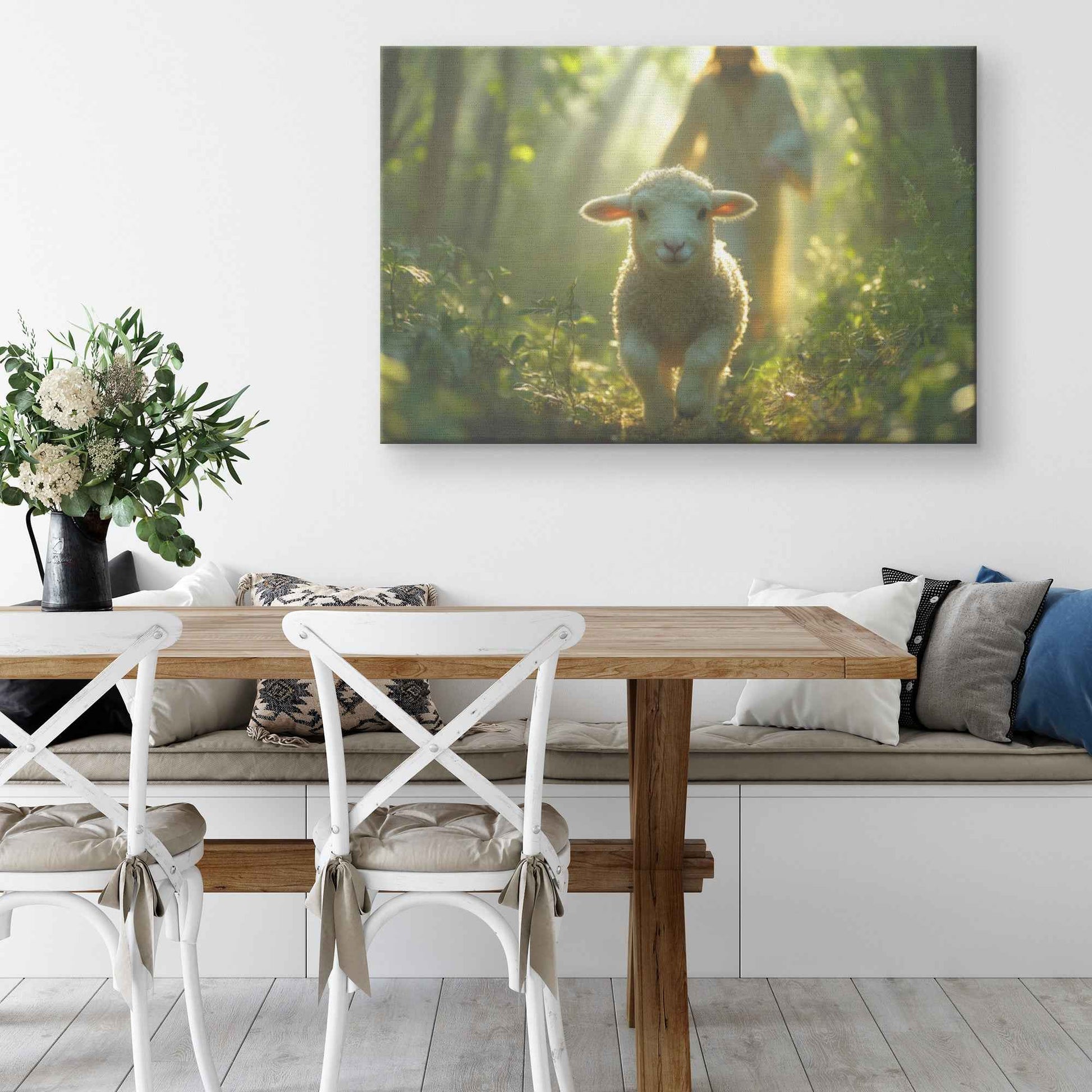 Jesus Running Towards a Lost Lamb In A Beautiful Green Lush Forest   Christian Canvas Art Decor