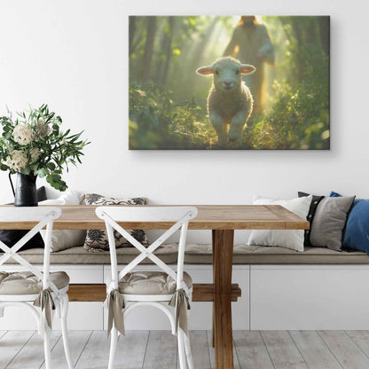 Jesus Running Towards a Lost Lamb In A Beautiful Green Lush Forest   Christian Canvas Art Decor