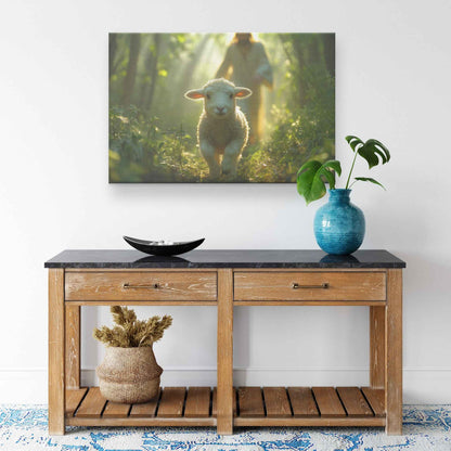 Jesus Running Towards a Lost Lamb In A Beautiful Green Lush Forest   Christian Canvas Art Decor
