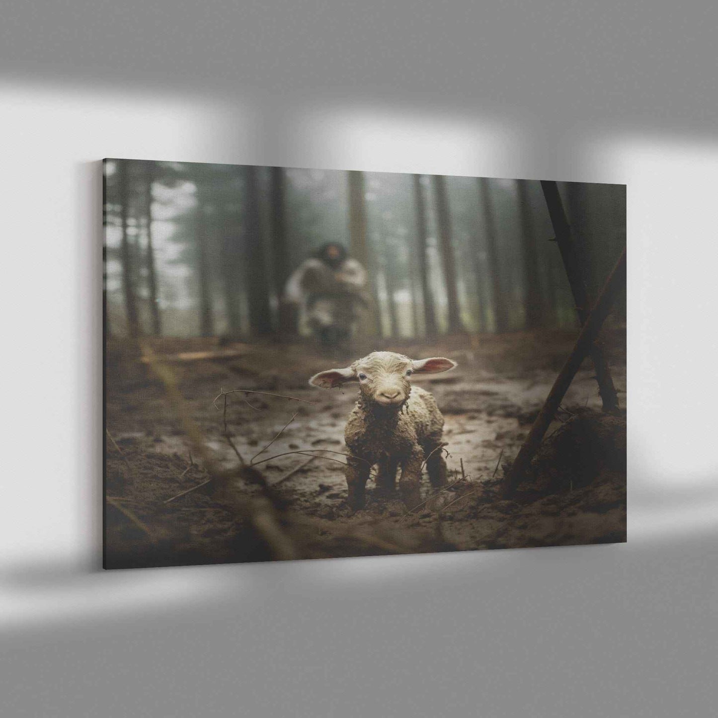Jesus Runs Towards A Lost Lamb In The Forest Canvas Wall Art